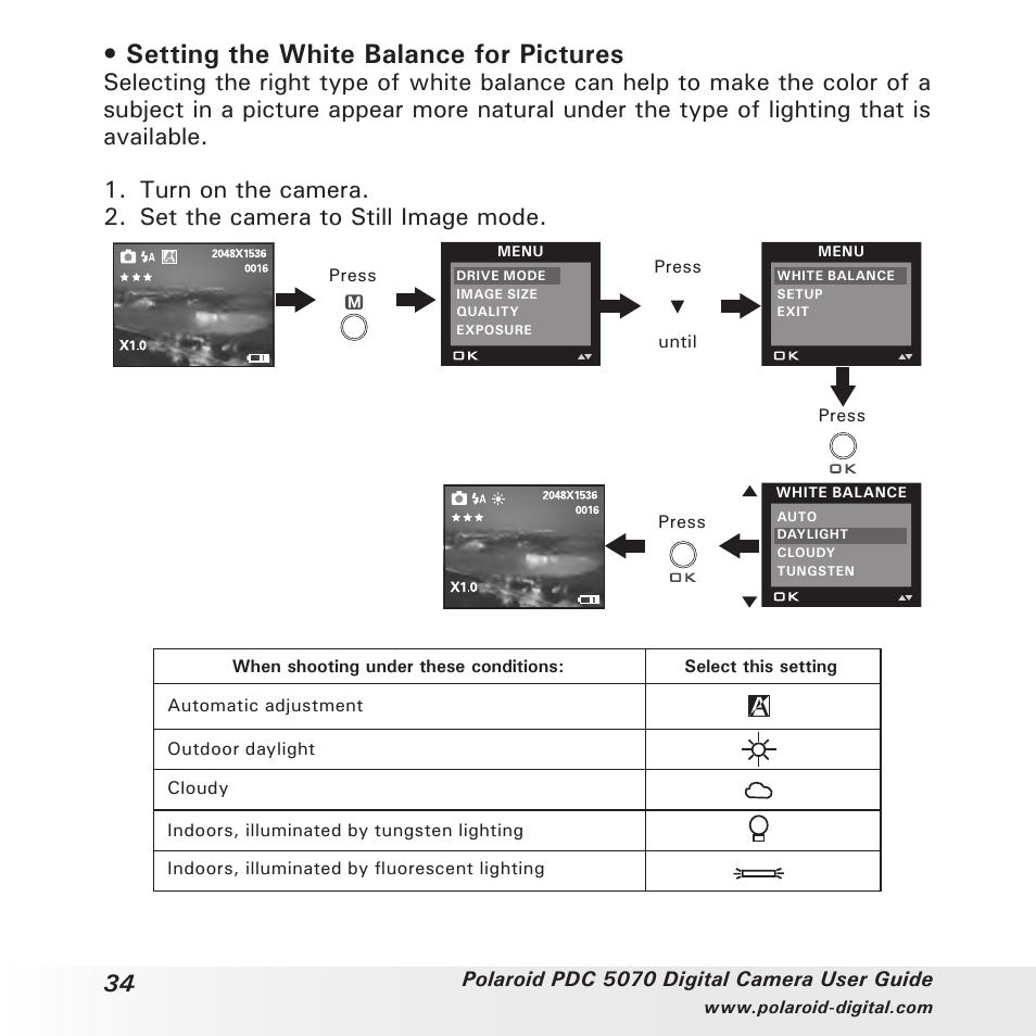 Setting the white balance for pictures | Polaroid PDC 5070 User Manual | Page 34 / 83