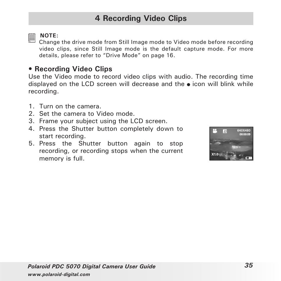 4 recording video clips, Recording video clips | Polaroid PDC 5070 User Manual | Page 35 / 83