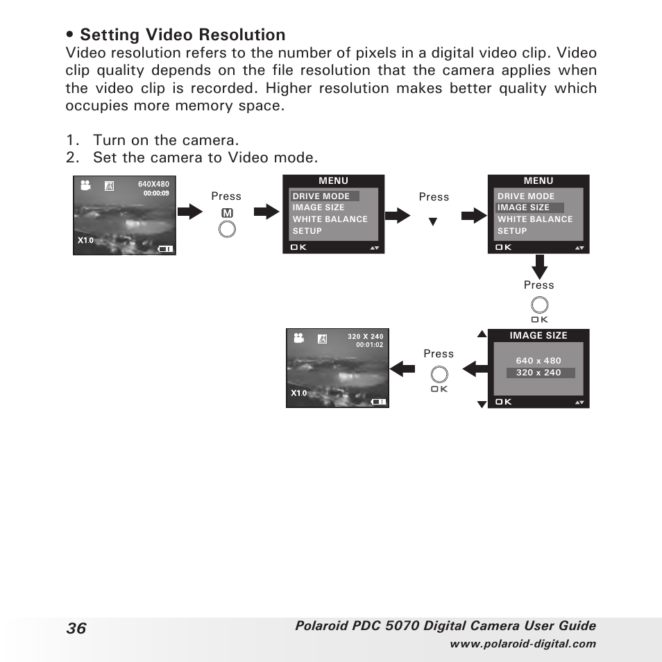 Setting video resolution | Polaroid PDC 5070 User Manual | Page 36 / 83