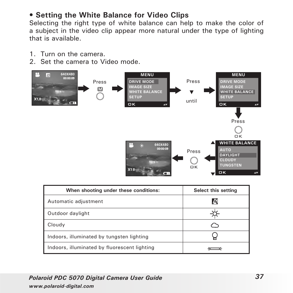 Setting the white balance for video clips | Polaroid PDC 5070 User Manual | Page 37 / 83