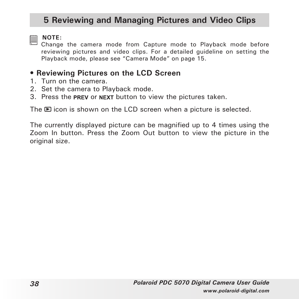 5 reviewing and managing pictures and video clips, Reviewing pictures on the lcd screen | Polaroid PDC 5070 User Manual | Page 38 / 83