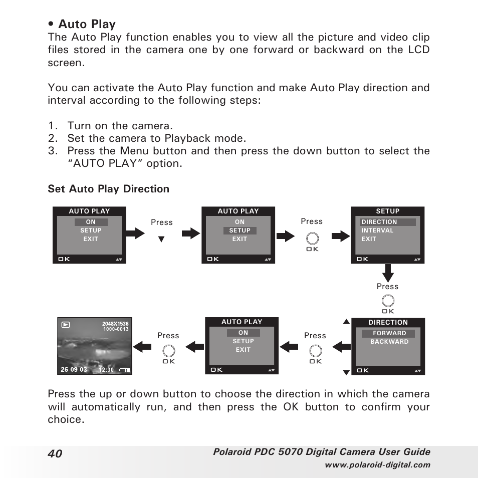 Auto play | Polaroid PDC 5070 User Manual | Page 40 / 83