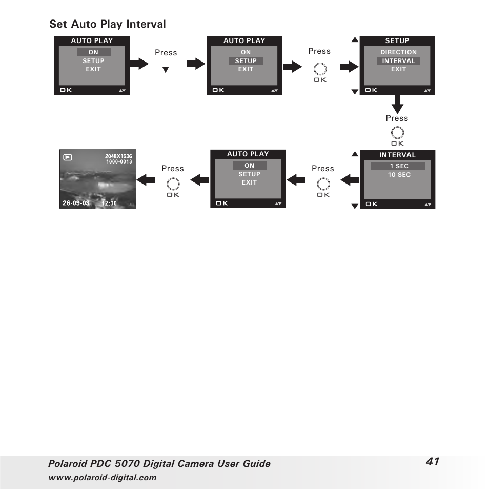 Set auto play interval, Polaroid pdc 5070 digital camera user guide | Polaroid PDC 5070 User Manual | Page 41 / 83