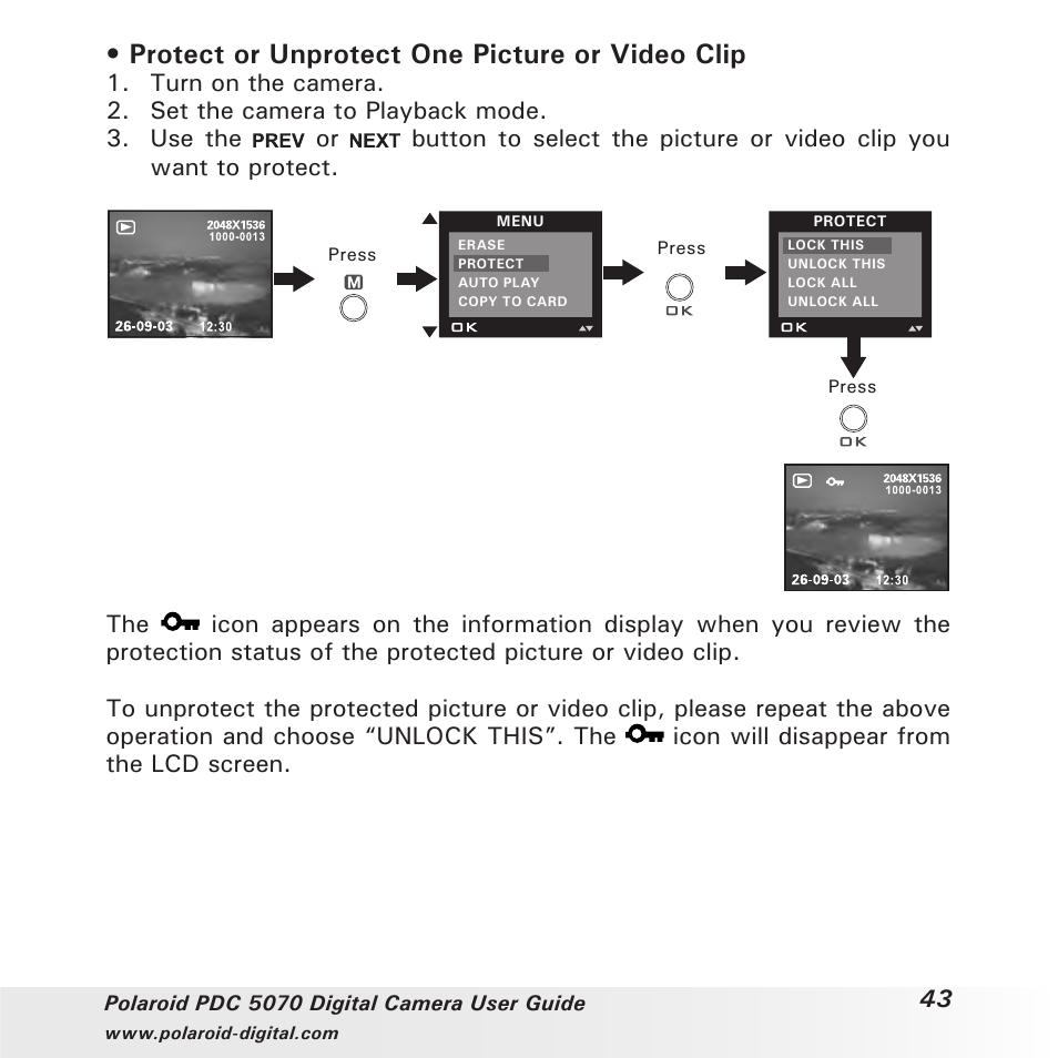 Protect or unprotect one picture or video clip | Polaroid PDC 5070 User Manual | Page 43 / 83