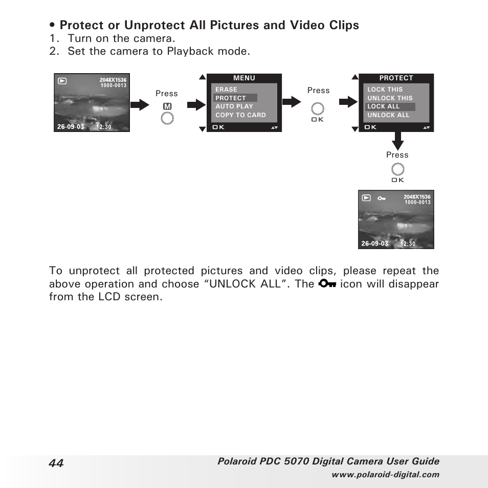 Protect or unprotect all pictures and video clips | Polaroid PDC 5070 User Manual | Page 44 / 83