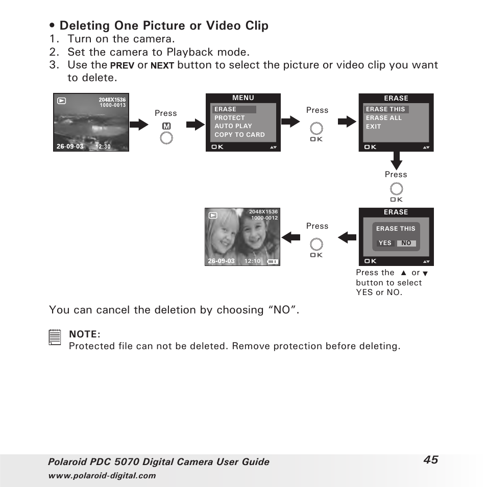 Deleting one picture or video clip, You can cancel the deletion by choosing “no | Polaroid PDC 5070 User Manual | Page 45 / 83