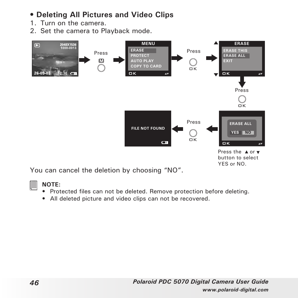 Deleting all pictures and video clips, You can cancel the deletion by choosing “no | Polaroid PDC 5070 User Manual | Page 46 / 83