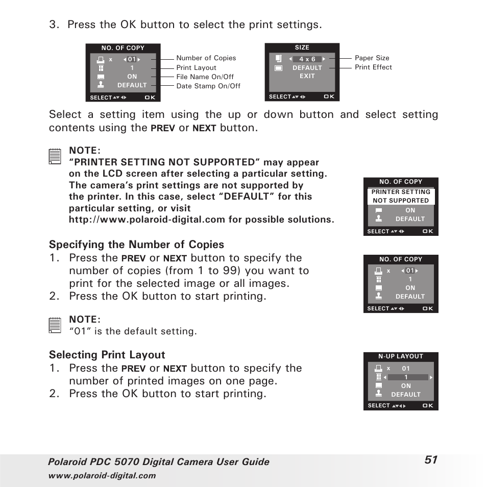 Press the ok button to select the print settings | Polaroid PDC 5070 User Manual | Page 51 / 83
