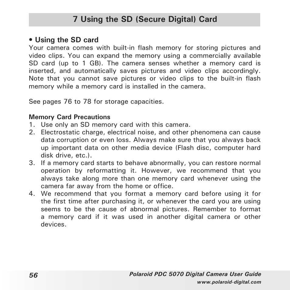 7 using the sd (secure digital) card | Polaroid PDC 5070 User Manual | Page 56 / 83