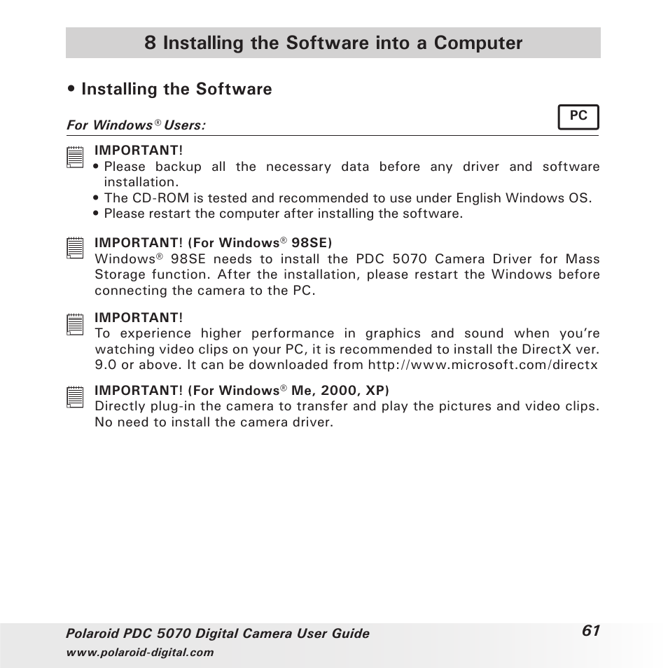 8 installing the software into a computer, Installing the software | Polaroid PDC 5070 User Manual | Page 61 / 83