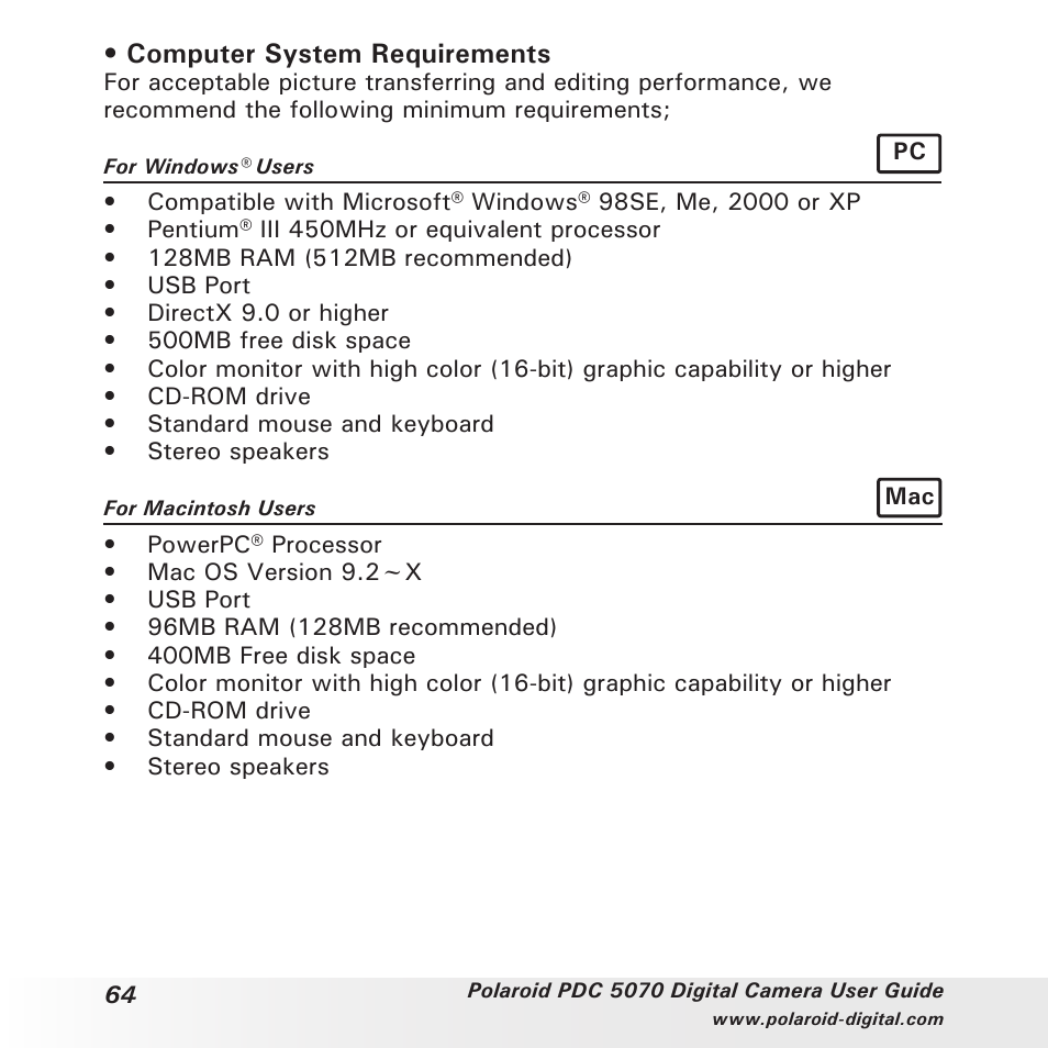 Computer system requirements | Polaroid PDC 5070 User Manual | Page 64 / 83