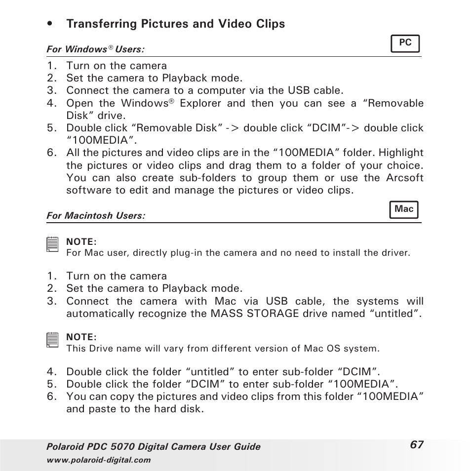 Transferring pictures and video clips | Polaroid PDC 5070 User Manual | Page 67 / 83