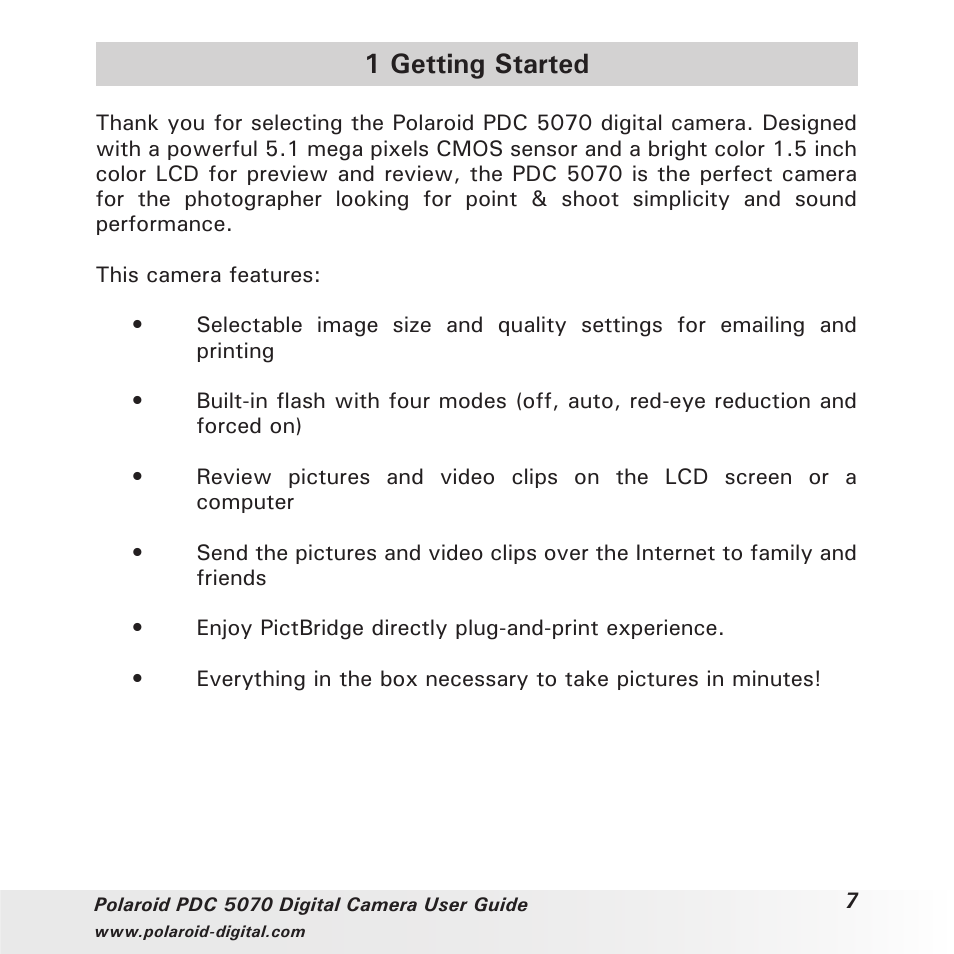 1 getting started | Polaroid PDC 5070 User Manual | Page 7 / 83
