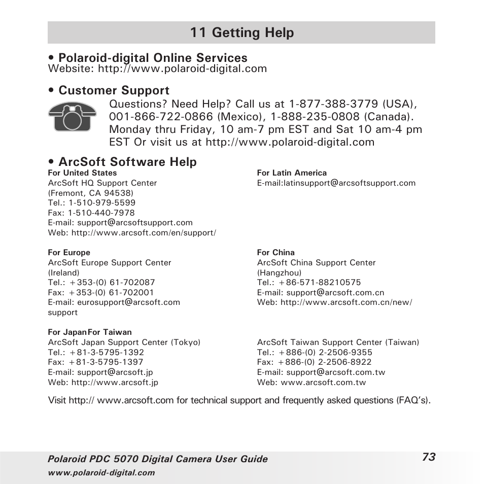 11 getting help, Polaroid-digital online services, Customer support | Arcsoft software help | Polaroid PDC 5070 User Manual | Page 73 / 83