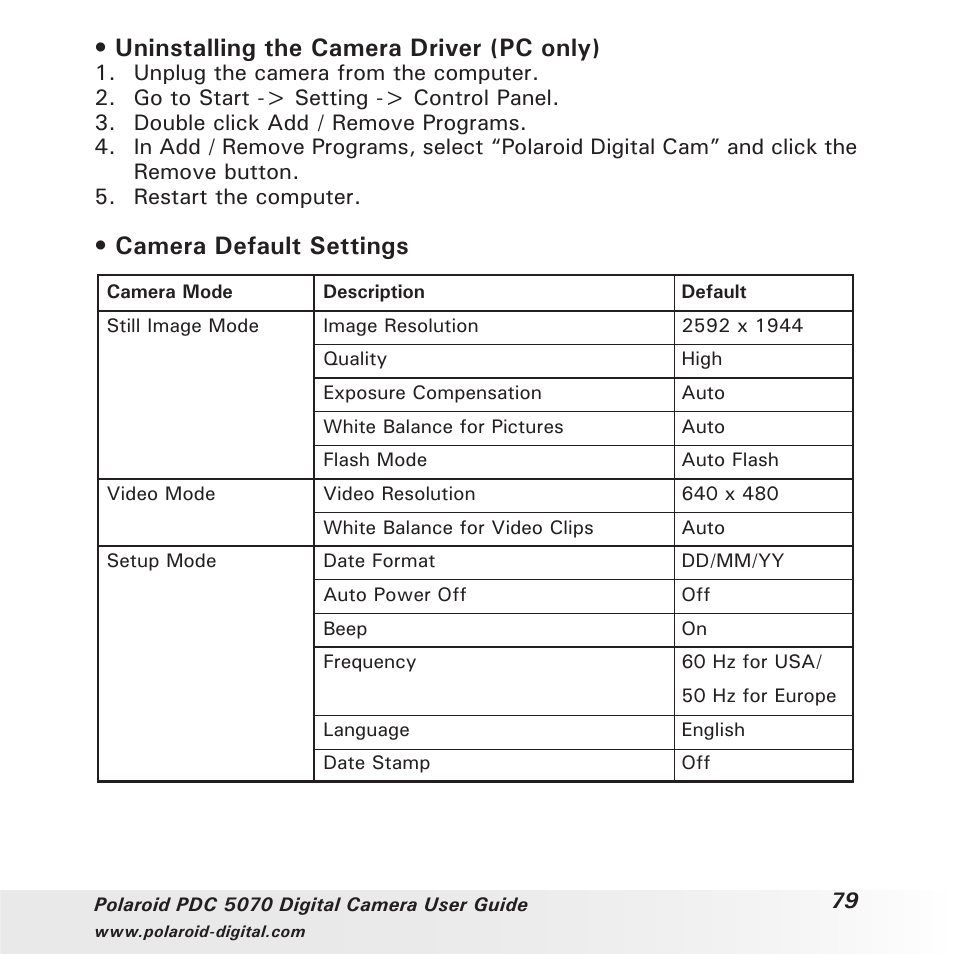 Uninstalling the camera driver (pc only), Camera default settings | Polaroid PDC 5070 User Manual | Page 79 / 83