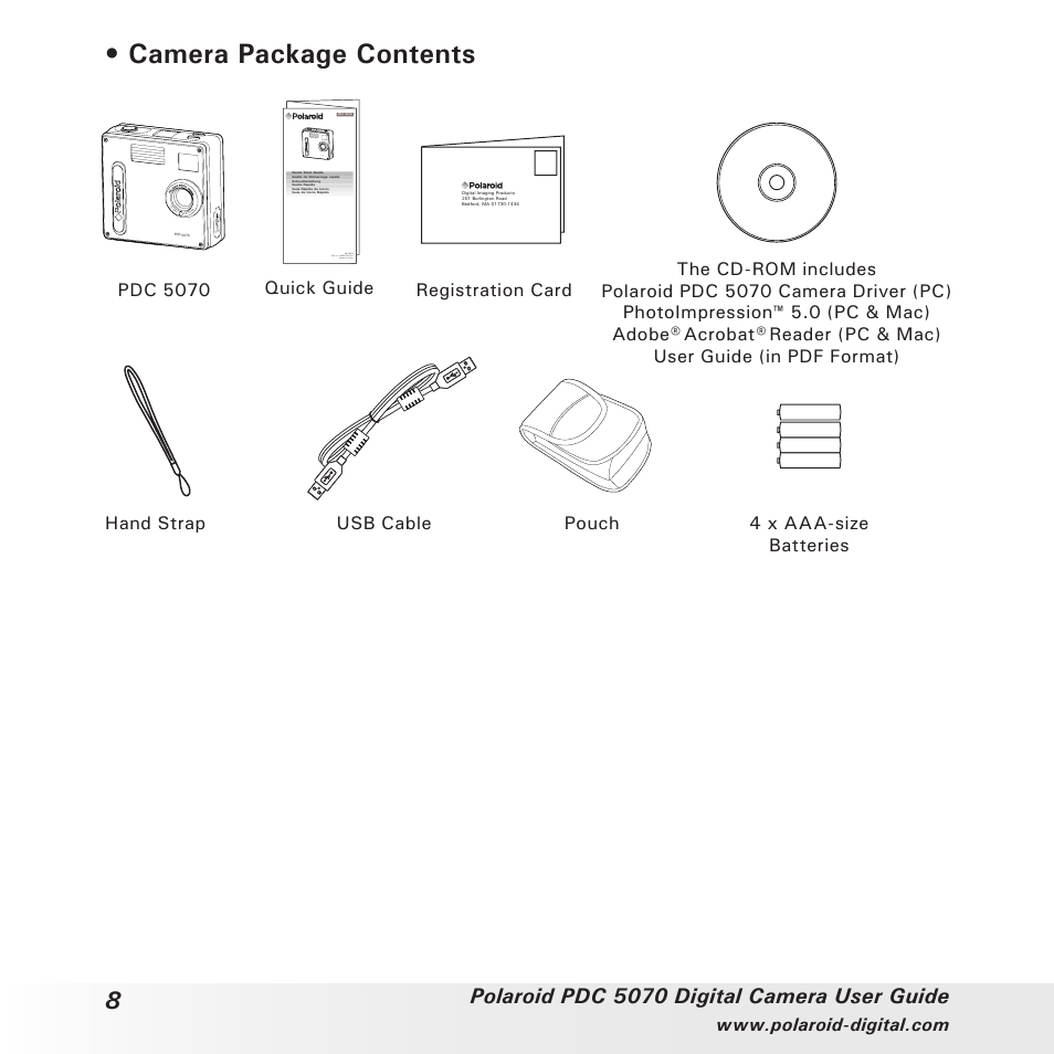 Camera package contents, Polaroid pdc 5070 digital camera user guide, Quick guide | Polaroid PDC 5070 User Manual | Page 8 / 83