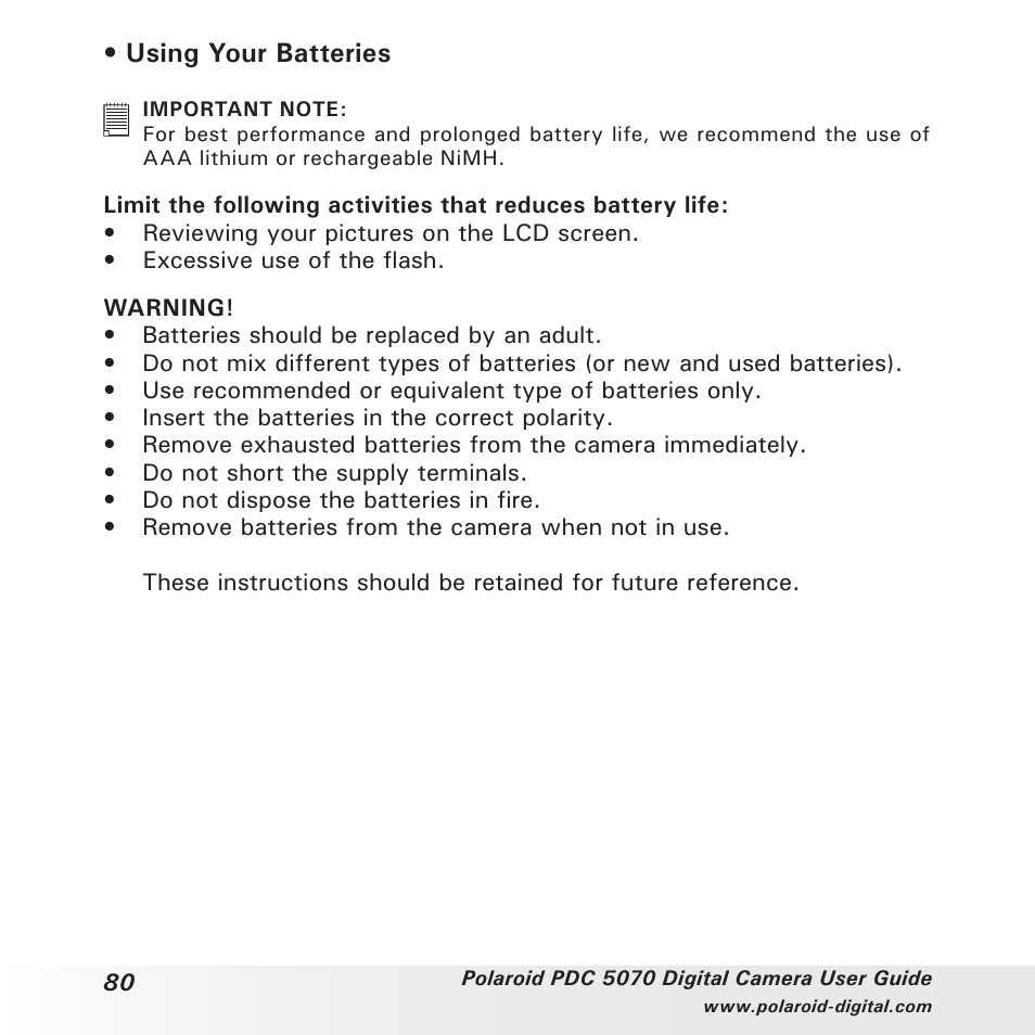 Using your batteries | Polaroid PDC 5070 User Manual | Page 80 / 83