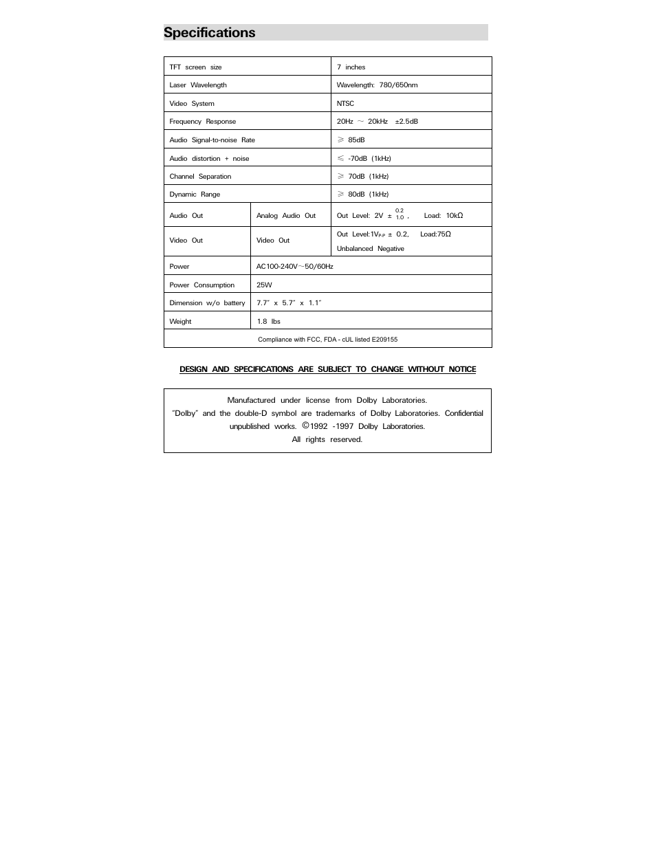 Specifications | Polaroid PDV-0707N User Manual | Page 28 / 29