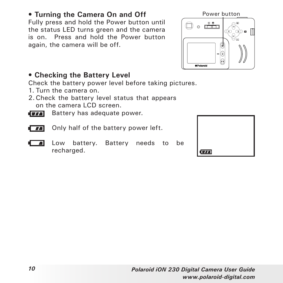 Turning the camera on and off, Checking the battery level | Polaroid iON 230 User Manual | Page 10 / 48