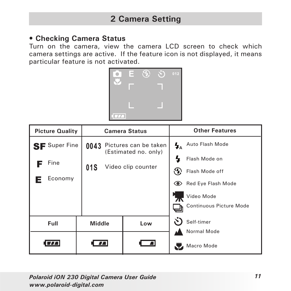 2 camera setting, Checking camera status | Polaroid iON 230 User Manual | Page 11 / 48