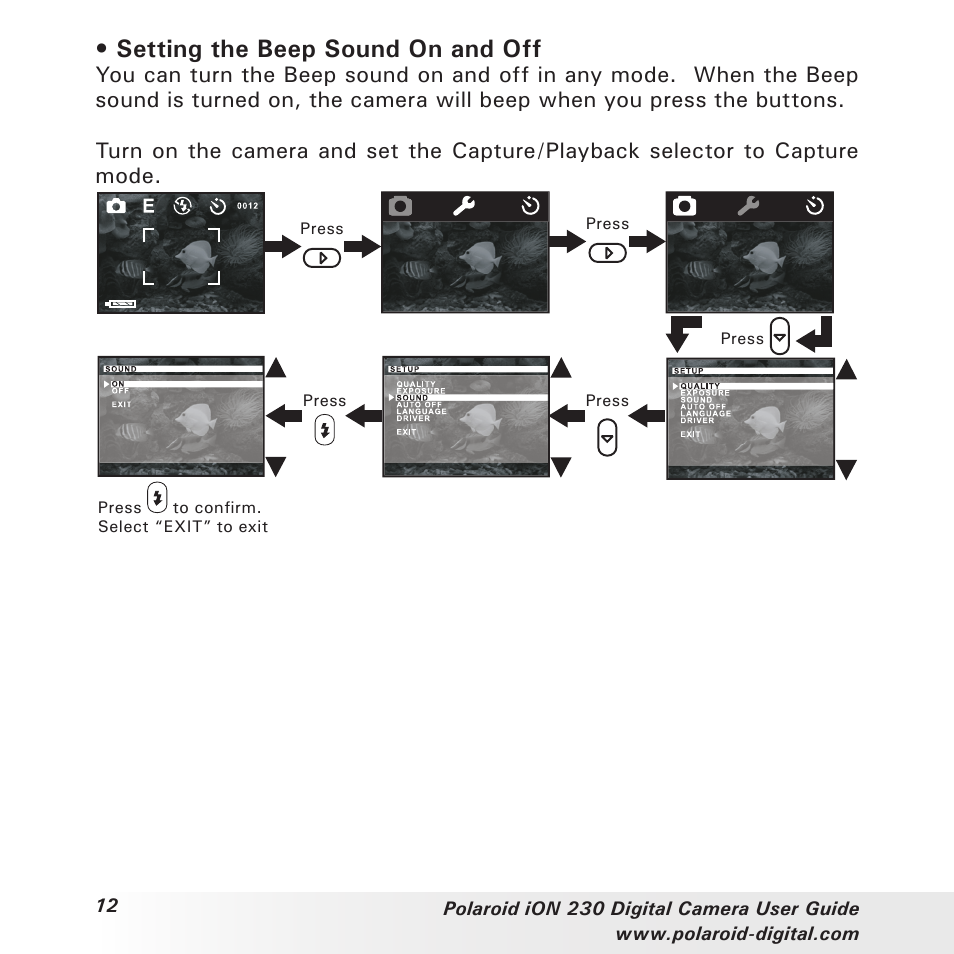 Setting the beep sound on and off | Polaroid iON 230 User Manual | Page 12 / 48