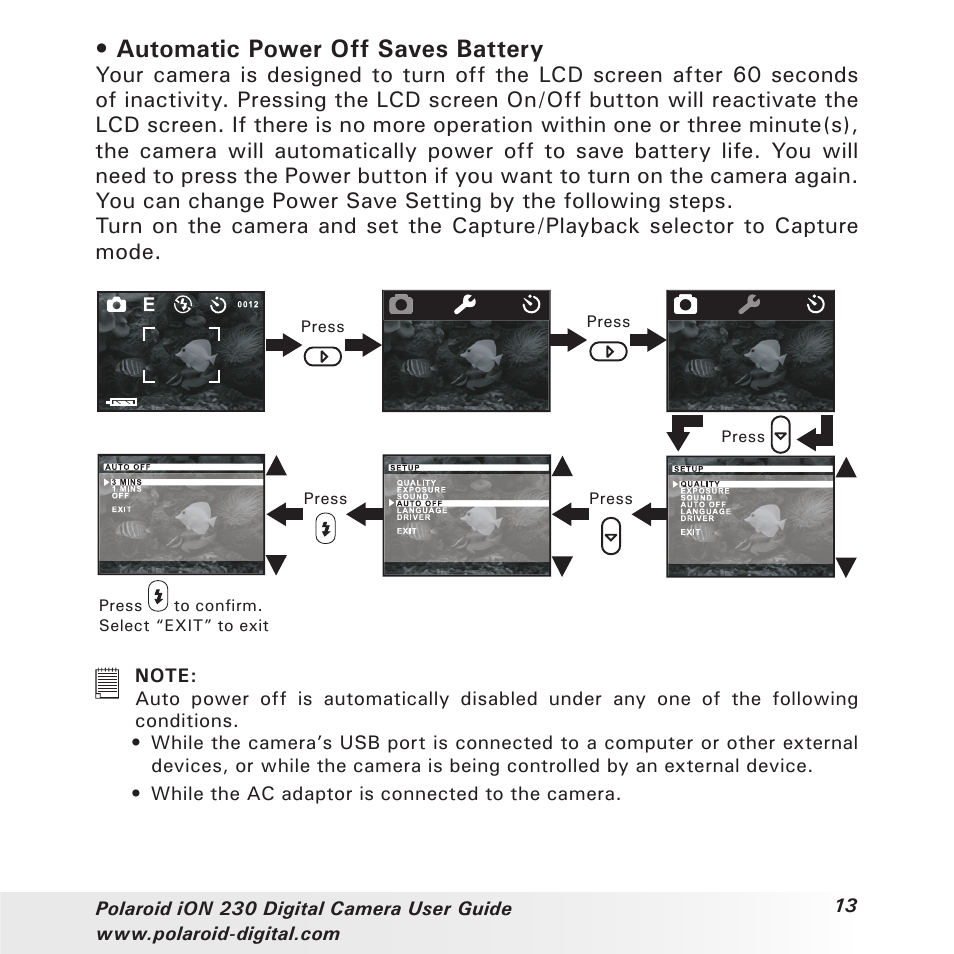 Automatic power off saves battery | Polaroid iON 230 User Manual | Page 13 / 48