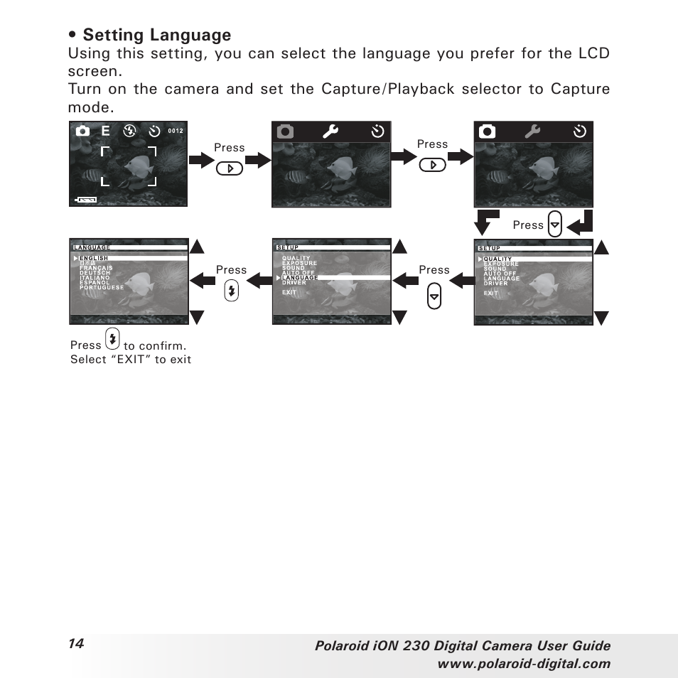 Setting language | Polaroid iON 230 User Manual | Page 14 / 48