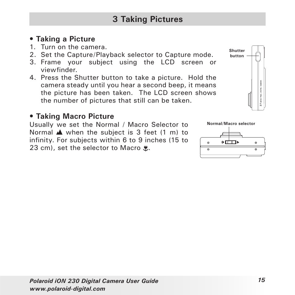 3 taking pictures, Taking a picture, Taking macro picture | Polaroid iON 230 User Manual | Page 15 / 48