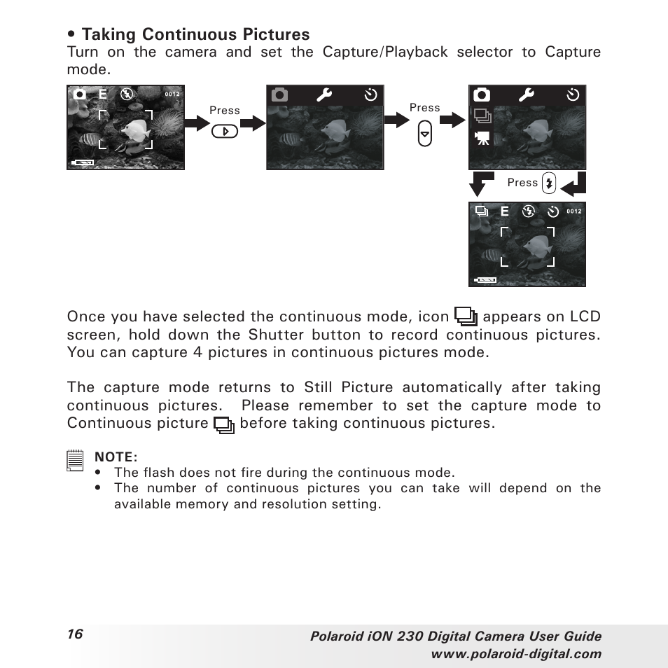 Taking continuous pictures | Polaroid iON 230 User Manual | Page 16 / 48