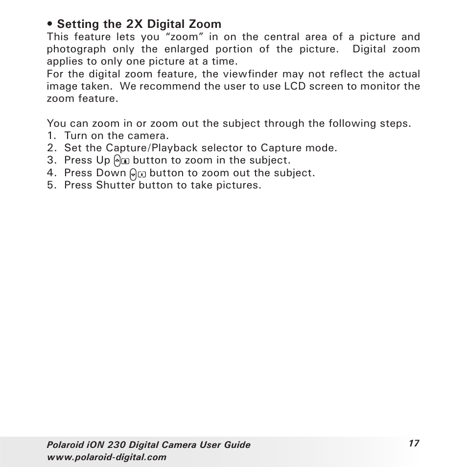 Setting the 2x digital zoom | Polaroid iON 230 User Manual | Page 17 / 48