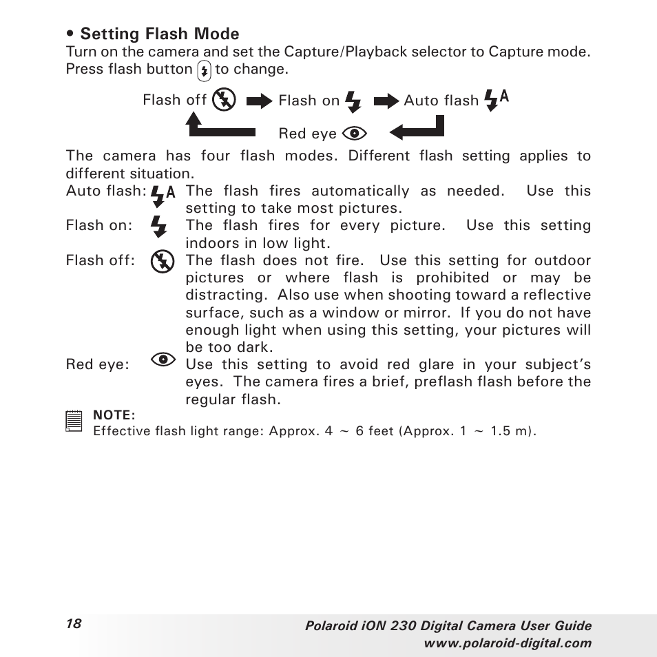 Setting flash mode | Polaroid iON 230 User Manual | Page 18 / 48