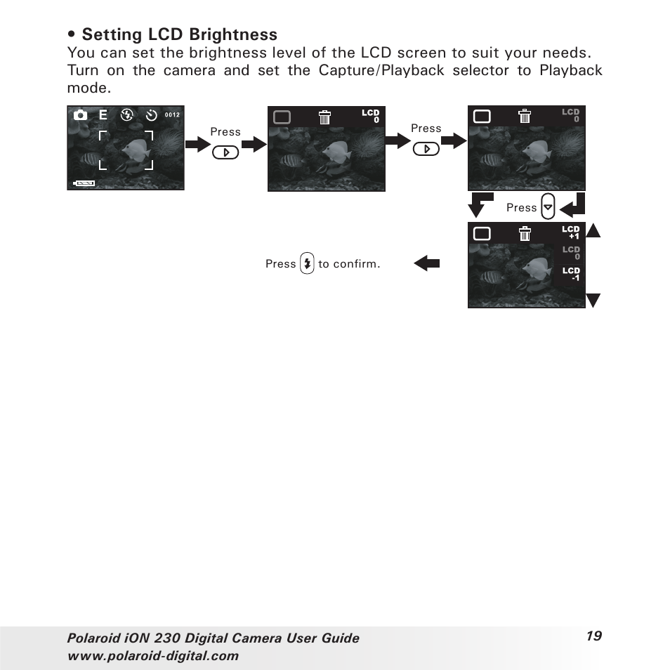 Setting lcd brightness | Polaroid iON 230 User Manual | Page 19 / 48