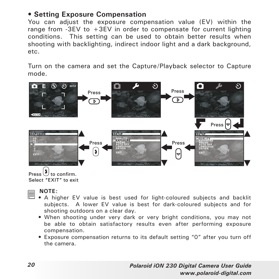 Setting exposure compensation | Polaroid iON 230 User Manual | Page 20 / 48