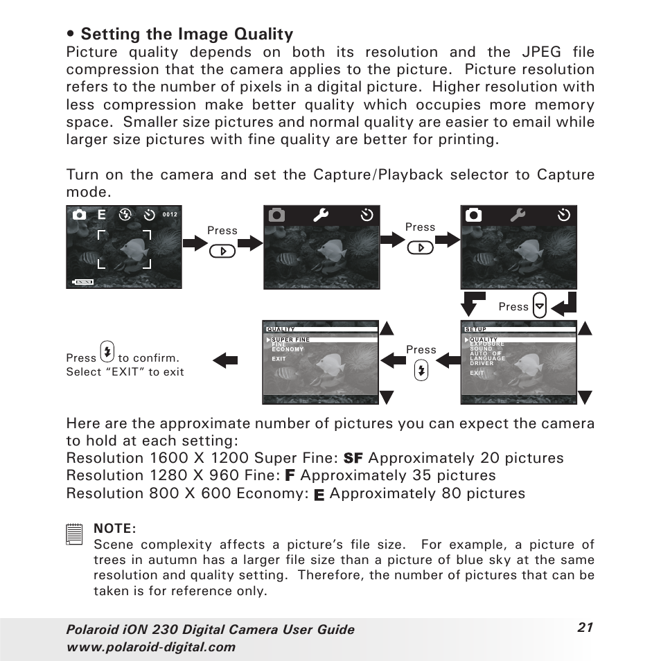 Setting the image quality | Polaroid iON 230 User Manual | Page 21 / 48