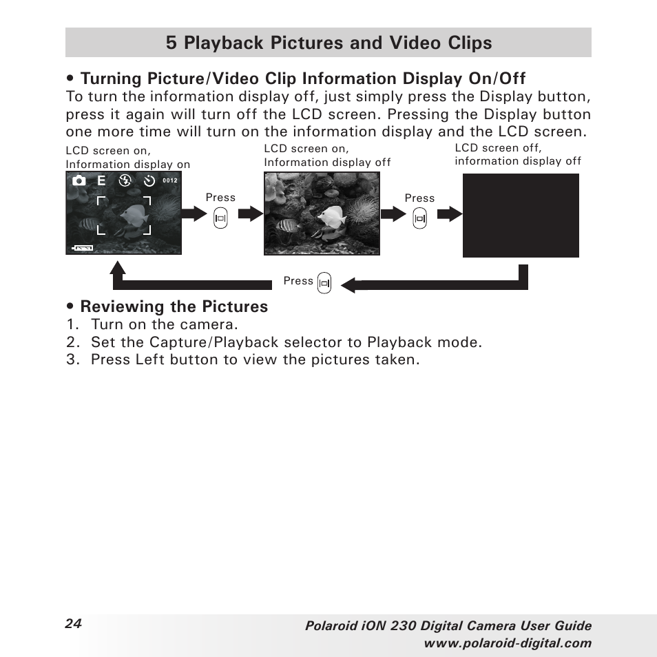 5 playback pictures and video clips, Reviewing the pictures | Polaroid iON 230 User Manual | Page 24 / 48
