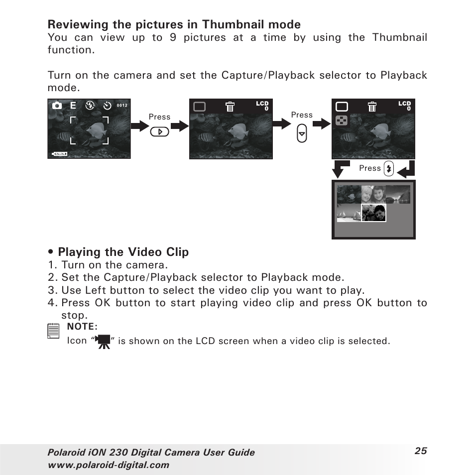 Reviewing the pictures in thumbnail mode, Playing the video clip | Polaroid iON 230 User Manual | Page 25 / 48