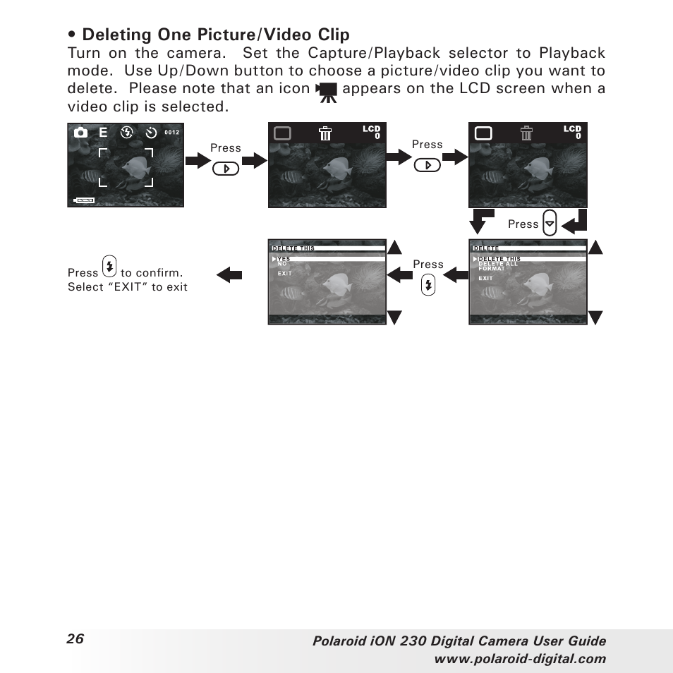 Deleting one picture/video clip | Polaroid iON 230 User Manual | Page 26 / 48