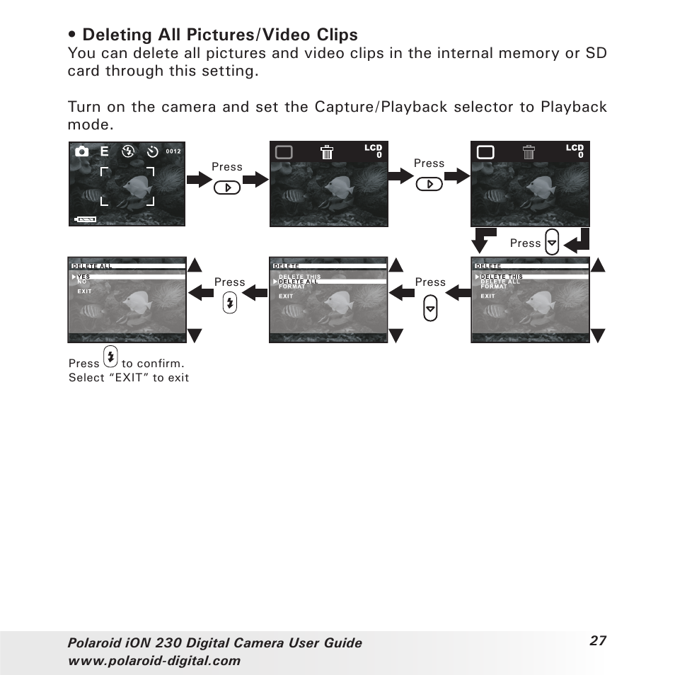 Deleting all pictures/video clips | Polaroid iON 230 User Manual | Page 27 / 48