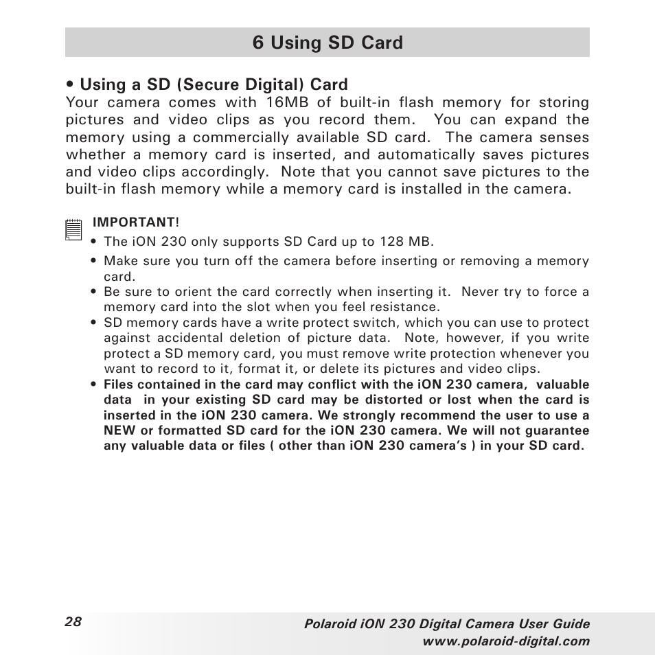 6 using sd card, Using a sd (secure digital) card | Polaroid iON 230 User Manual | Page 28 / 48