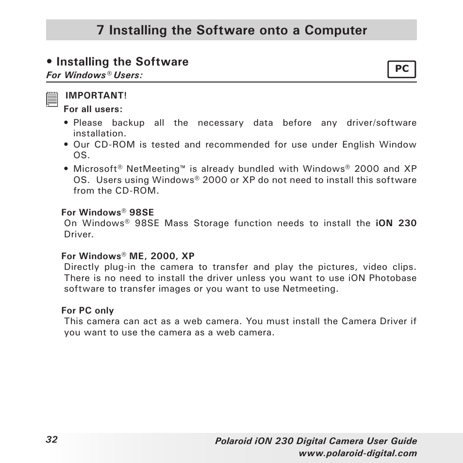 7 installing the software onto a computer, Installing the software | Polaroid iON 230 User Manual | Page 32 / 48