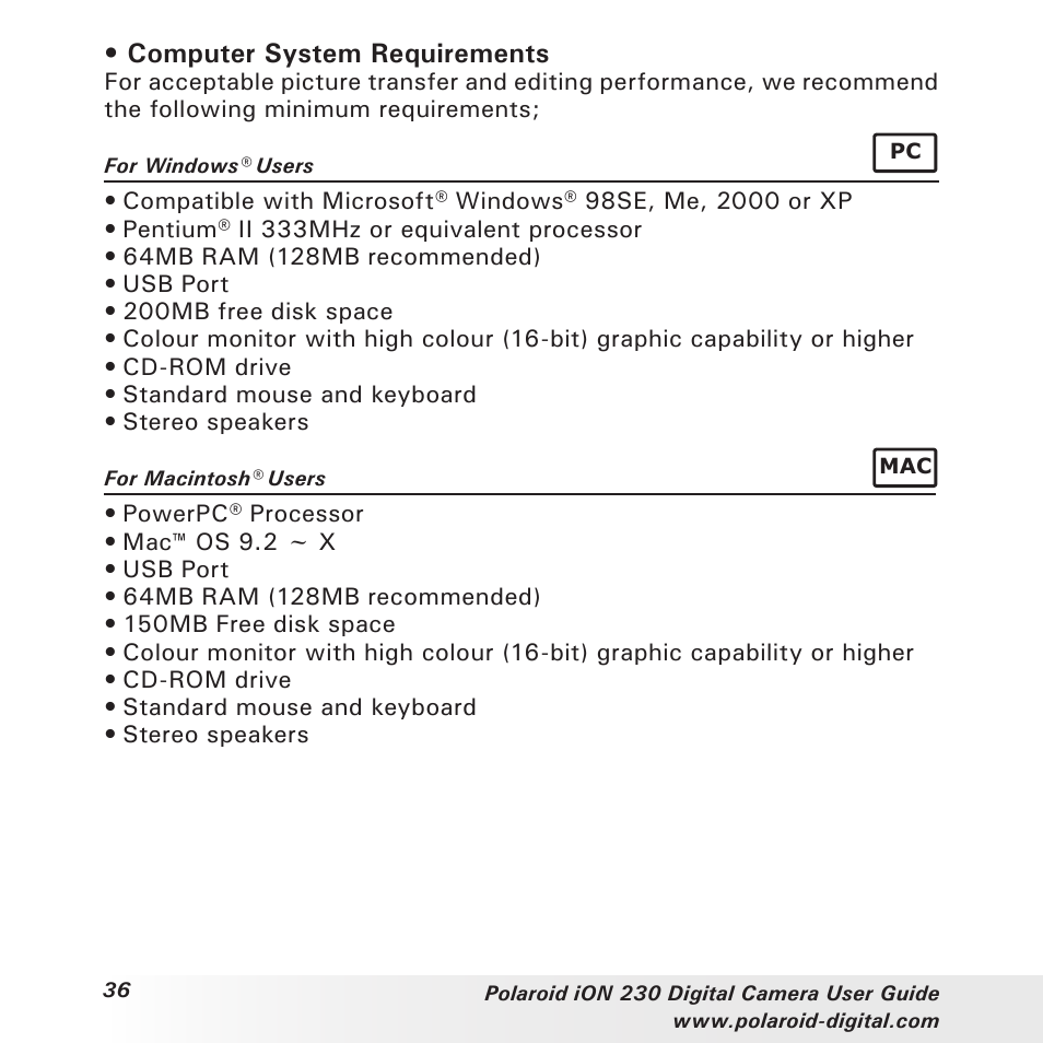 Computer system requirements | Polaroid iON 230 User Manual | Page 36 / 48
