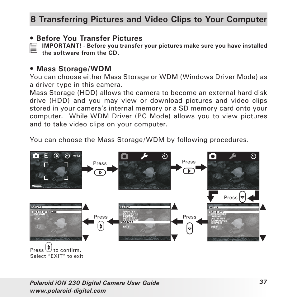 Before you transfer pictures, Mass storage/wdm | Polaroid iON 230 User Manual | Page 37 / 48