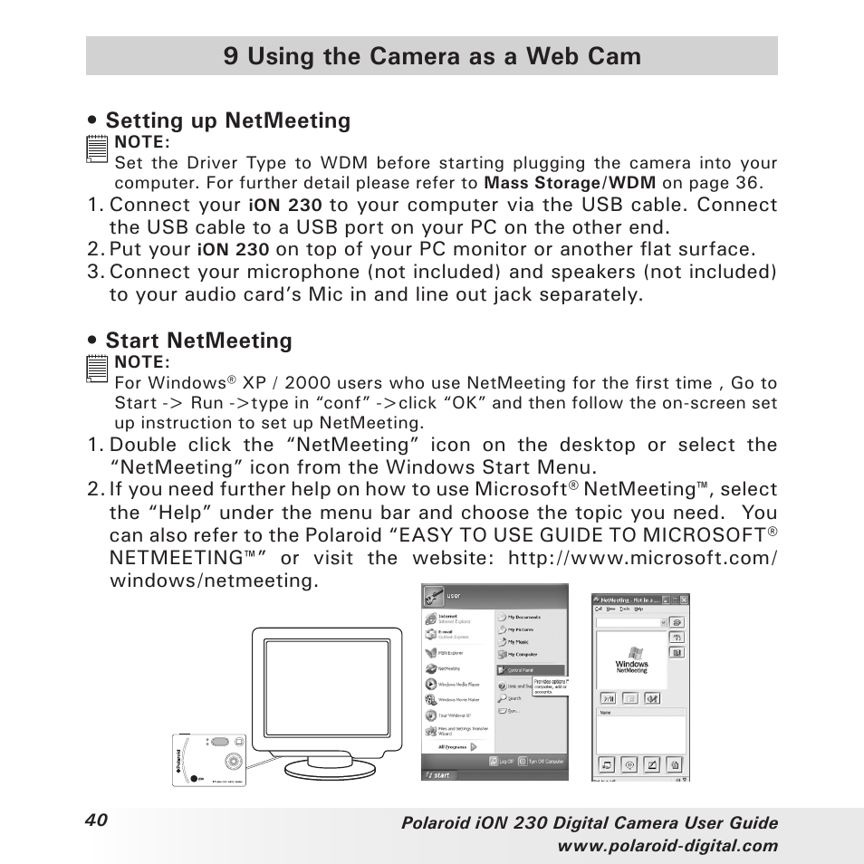 9 using the camera as a web cam, Setting up netmeeting, Start netmeeting | Polaroid iON 230 User Manual | Page 40 / 48