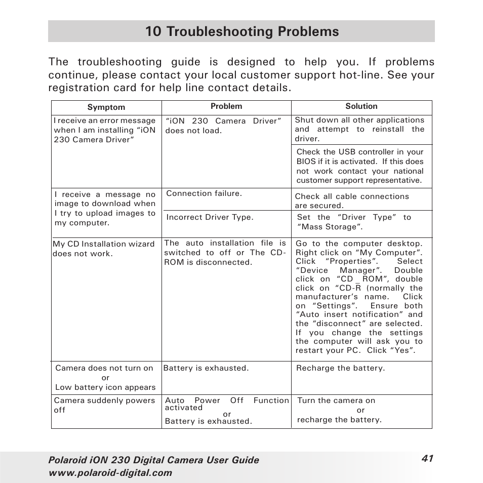 10 troubleshooting problems | Polaroid iON 230 User Manual | Page 41 / 48