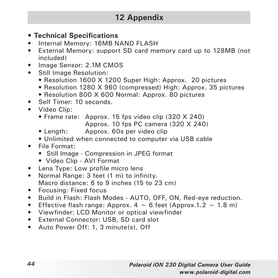 12 appendix | Polaroid iON 230 User Manual | Page 44 / 48