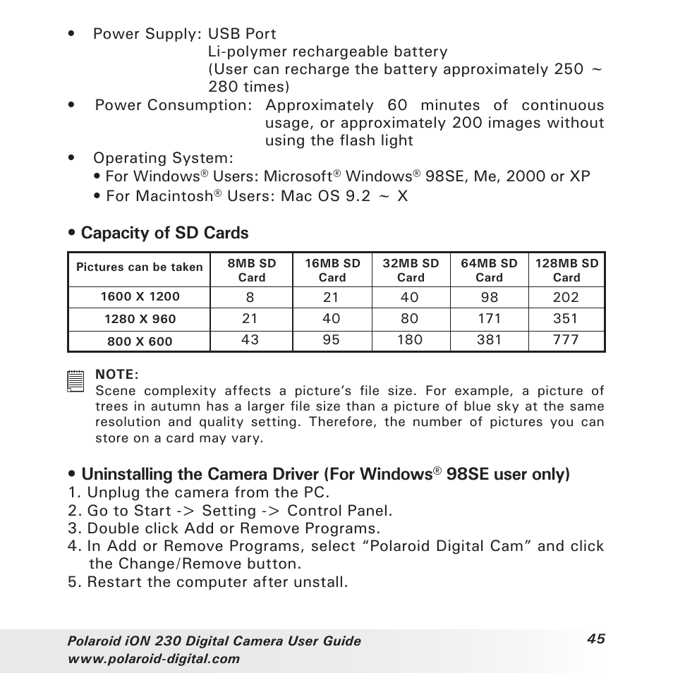 Capacity of sd cards | Polaroid iON 230 User Manual | Page 45 / 48