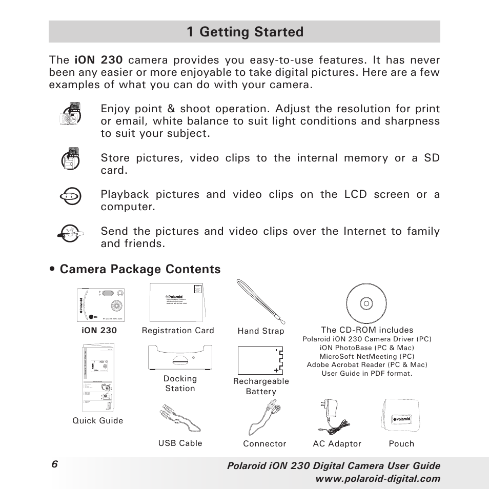 1 getting started, Camera package contents | Polaroid iON 230 User Manual | Page 6 / 48