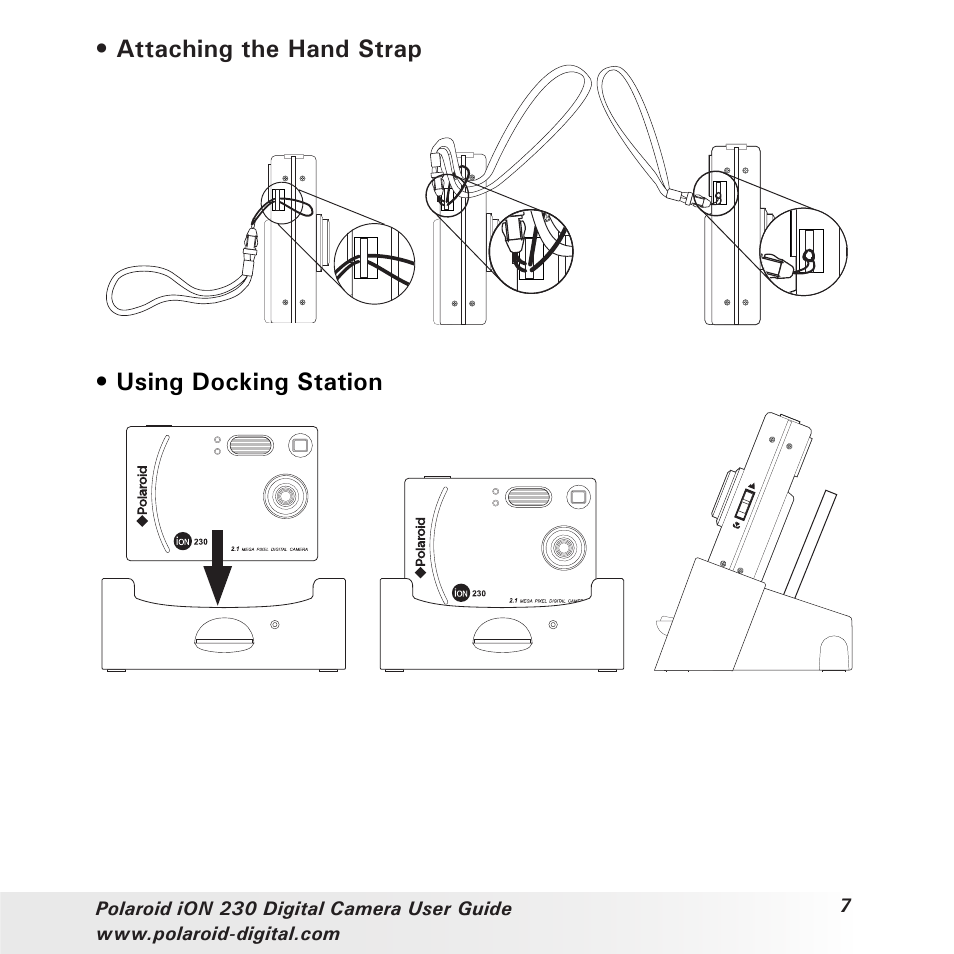 Attaching the hand strap • using docking station | Polaroid iON 230 User Manual | Page 7 / 48
