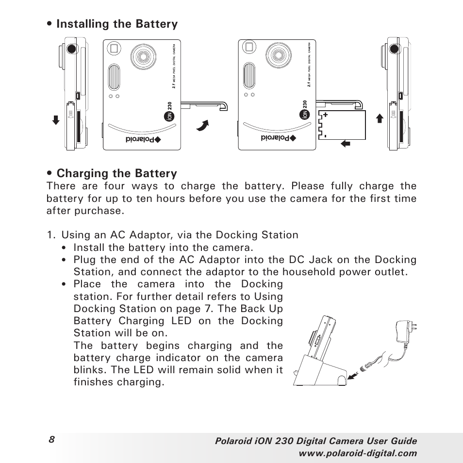 Installing the battery • charging the battery | Polaroid iON 230 User Manual | Page 8 / 48