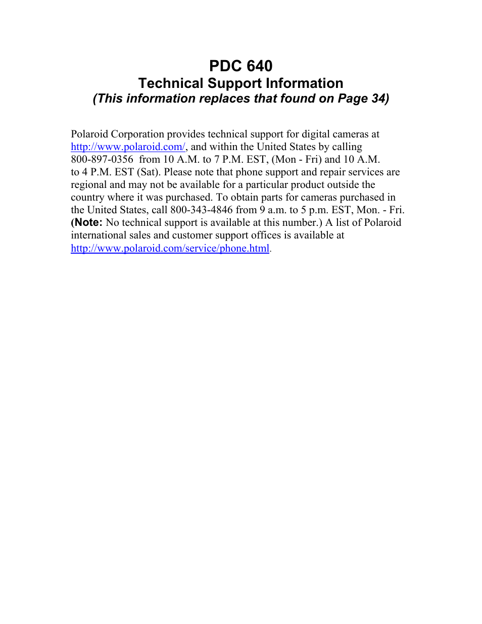 Tech support update, Pdc 640, Technical support information | Polaroid PDC 640 User Manual | Page 37 / 37